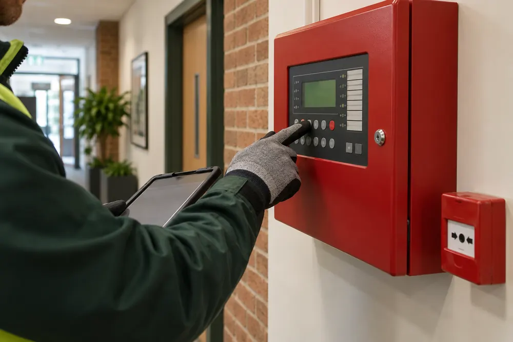 Technician checking a commercial fire alarm control panel