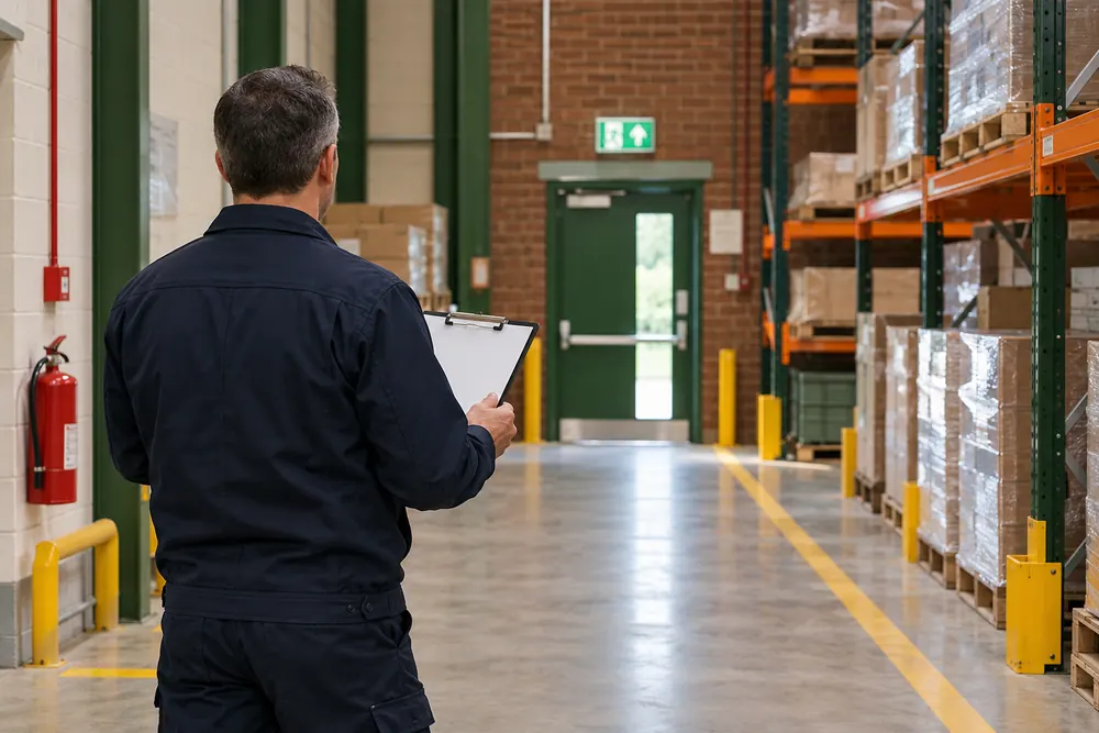 Assessor reviewing an escape route inside a commercial warehouse