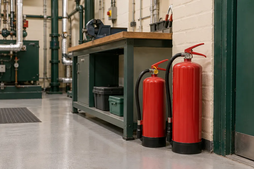 Portable fire extinguishers in a tidy commercial plant room