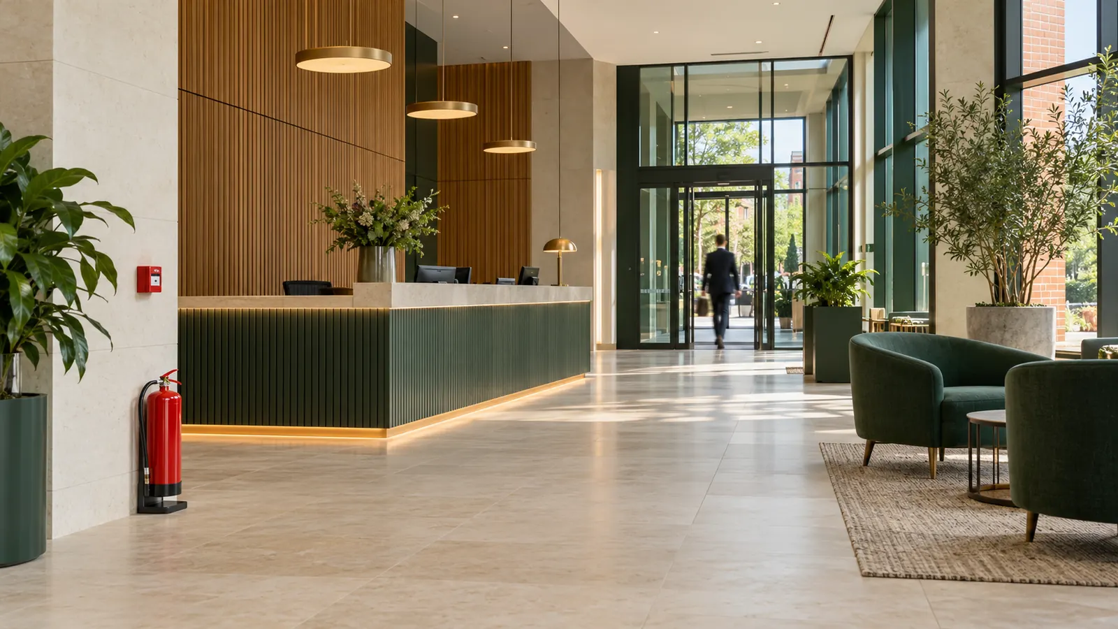 Light-filled commercial reception with fire safety equipment beside the entrance
