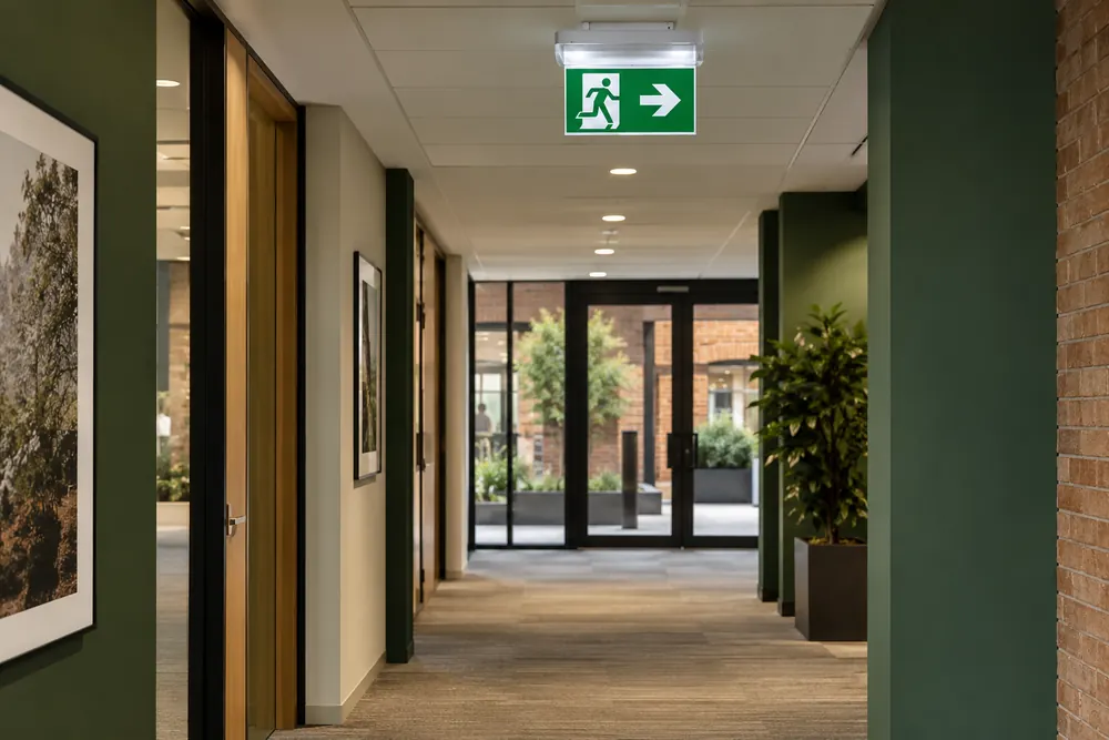 Emergency escape lighting above a commercial corridor