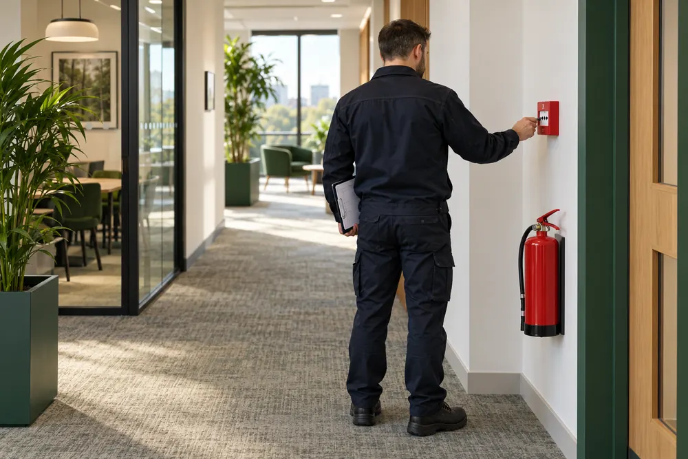 Engineer testing a fire alarm call point in an office corridor
