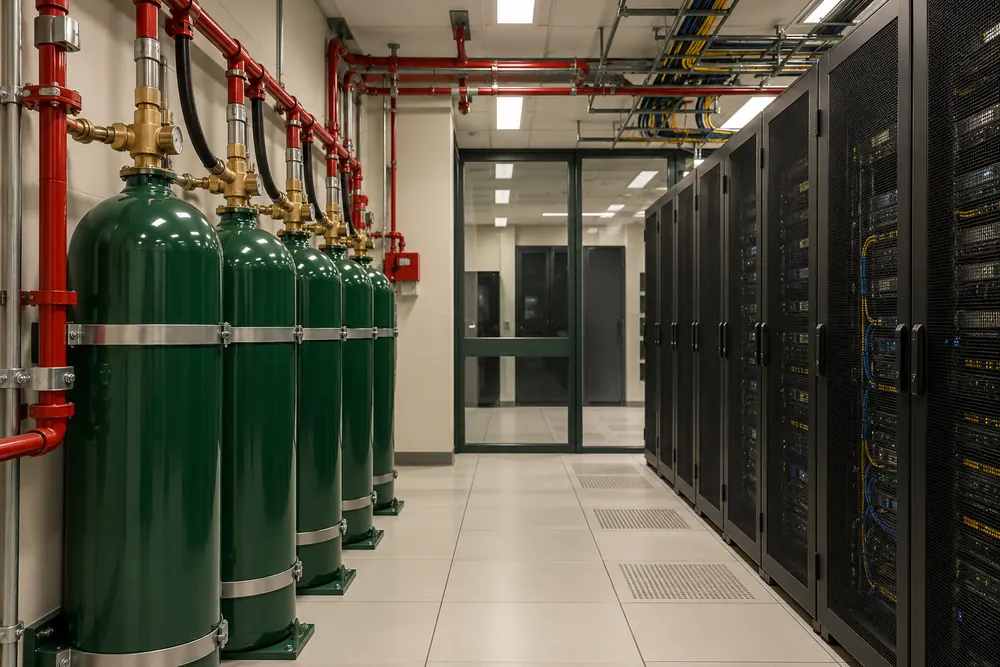 Fixed suppression cylinders and pipework beside a commercial server room